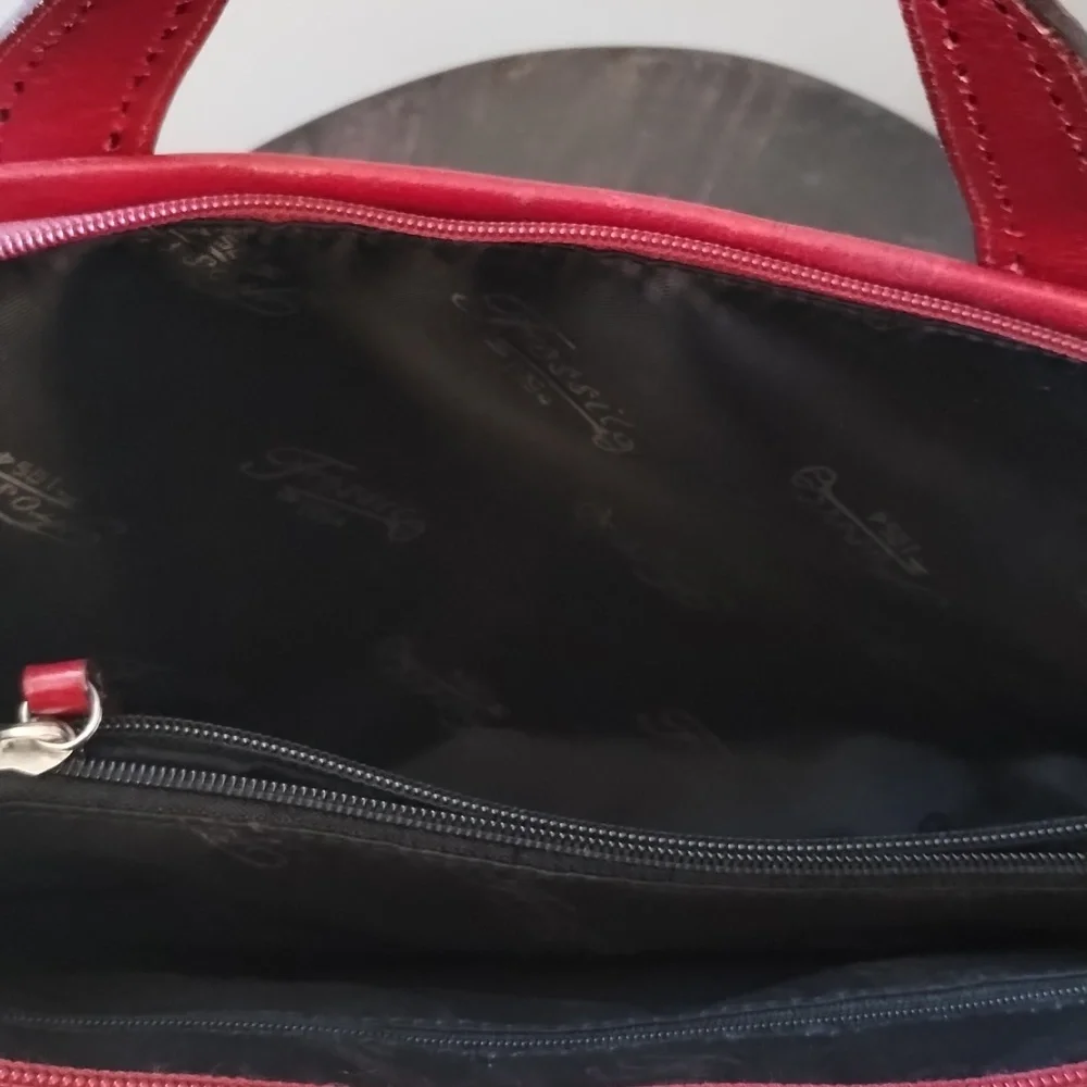 Fossil Red Leather Sedona Saddle Bag Satchel Two Handle Purse - Picture 7 of 13